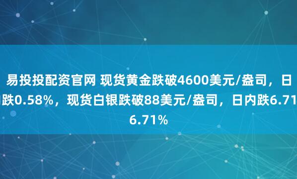 易投投配资官网 现货黄金跌破4600美元/盎司，日内跌0.58%，现货白银跌破88美元/盎司，日内跌6.71%